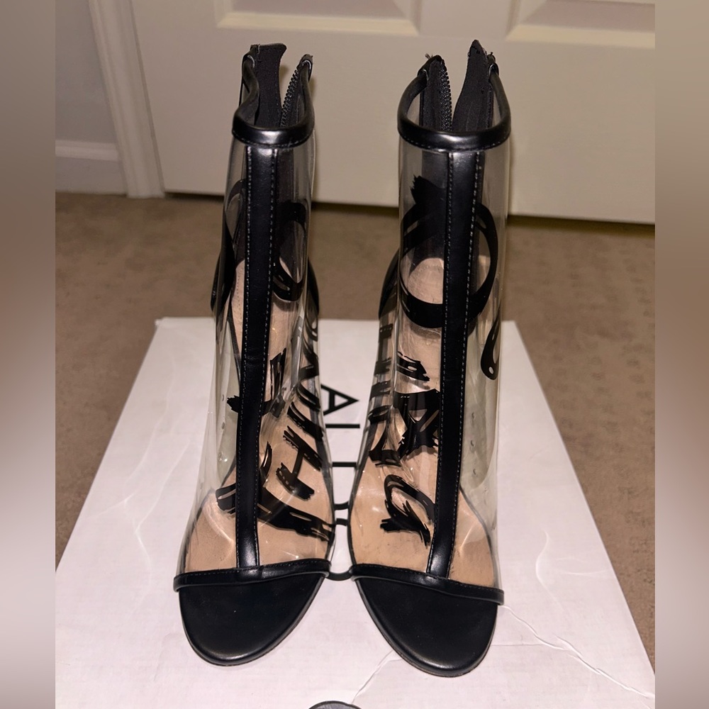 I am selling a peep toe ankle boot. It is clear and black. Brand:Aldo size: 6